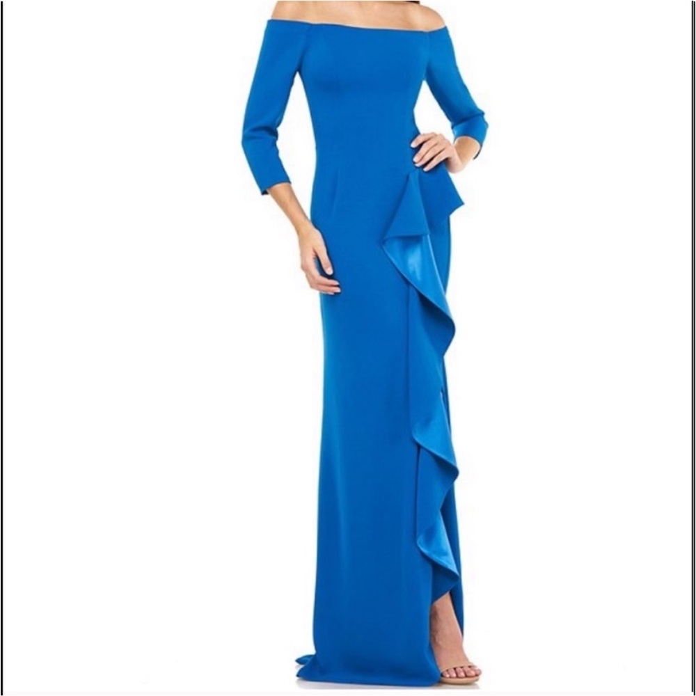Elegant Off-Shoulder 3/4 Sleeve Cascading Ruffle Front Slit Column Gown Dress